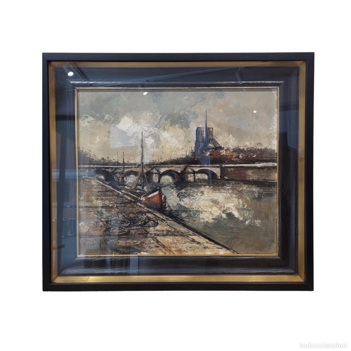 Arte: &Oacute;leo sobre lienzo &rdquo;Vista del Sena con N&ocirc;tre Dame&rdquo;, s. XX - Francia