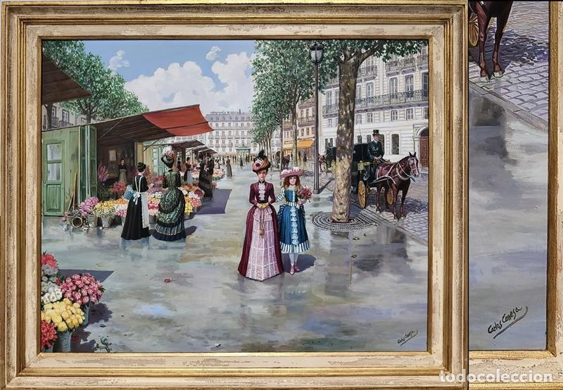 Arte: OLEO SOBRE LIENZO ENMARCADO ESTILO COSTUMBRISTA PLAZA VENTA DE FLORES (FIRMADO) - CUADRO-1157
