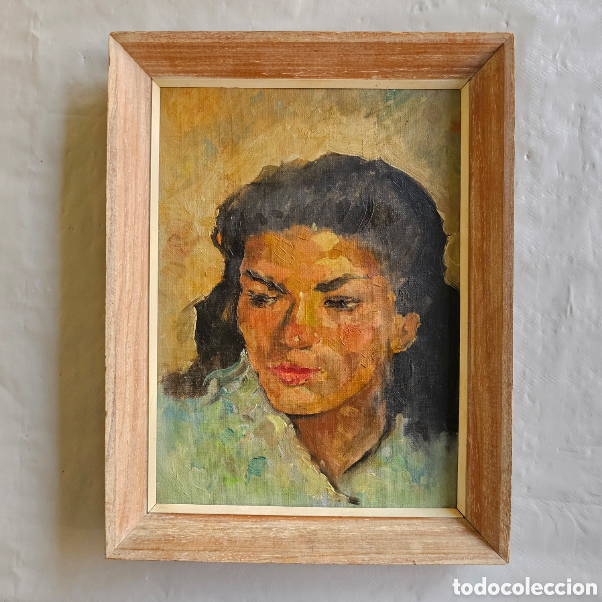 Arte: &Oacute;leo sobre lienzo, retrato femenino, escuela catalana, mid century, enmarcados de &eacute;poca