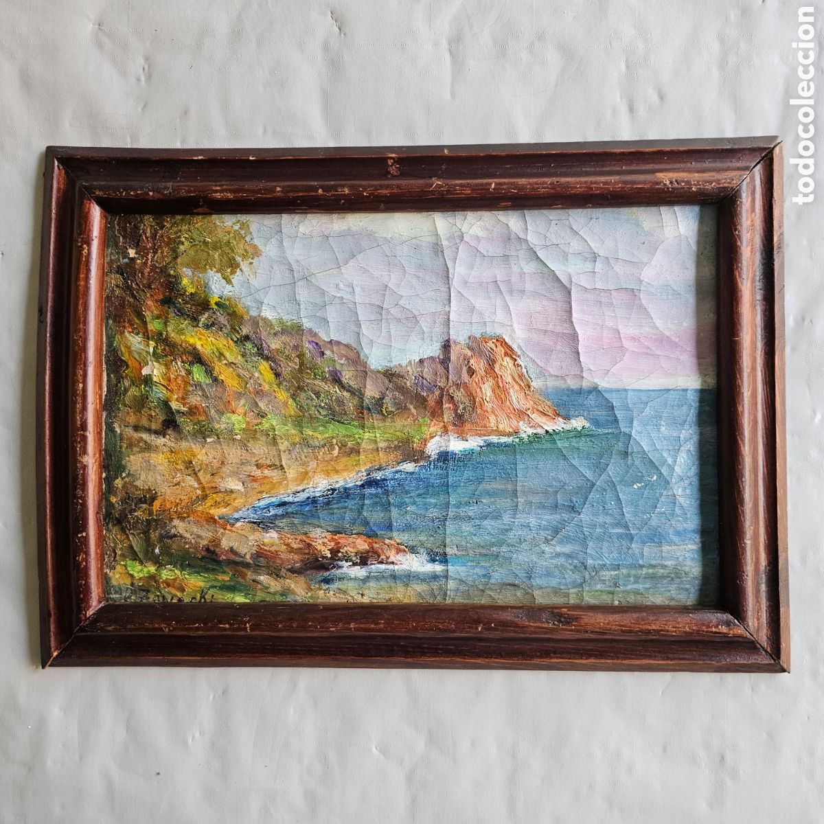 Arte: &Oacute;leo antiguo, paisaje costero, marina, P. Kowascki, primera mitad s.XX, enmarcado