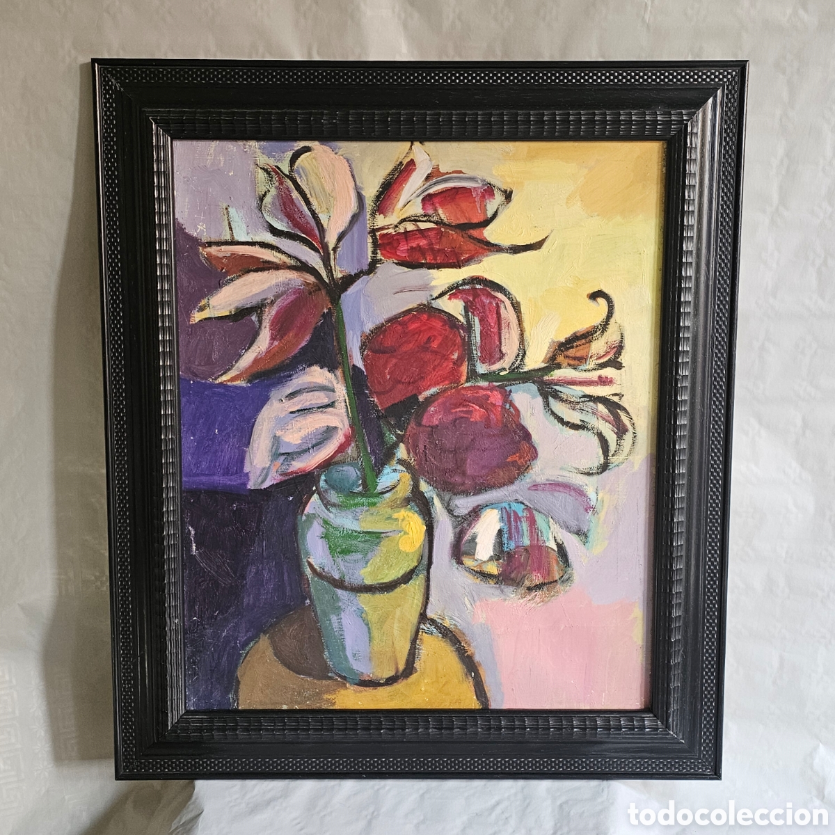 Arte: Oleo sobre lienzo, bodeg&oacute;n de flores a la manera fauvista, mediados XX, enmarcado, calidad.