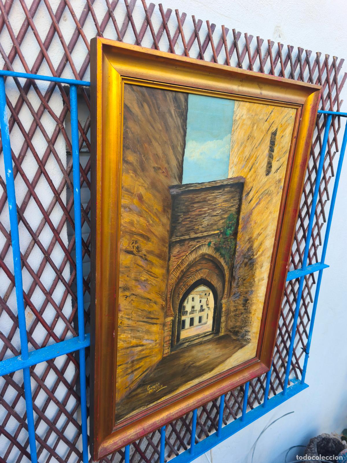 Arte: &Oacute;LEO SOBRE LIENZO ENMARCADA MURALLA CON ARCO. - Foto 5