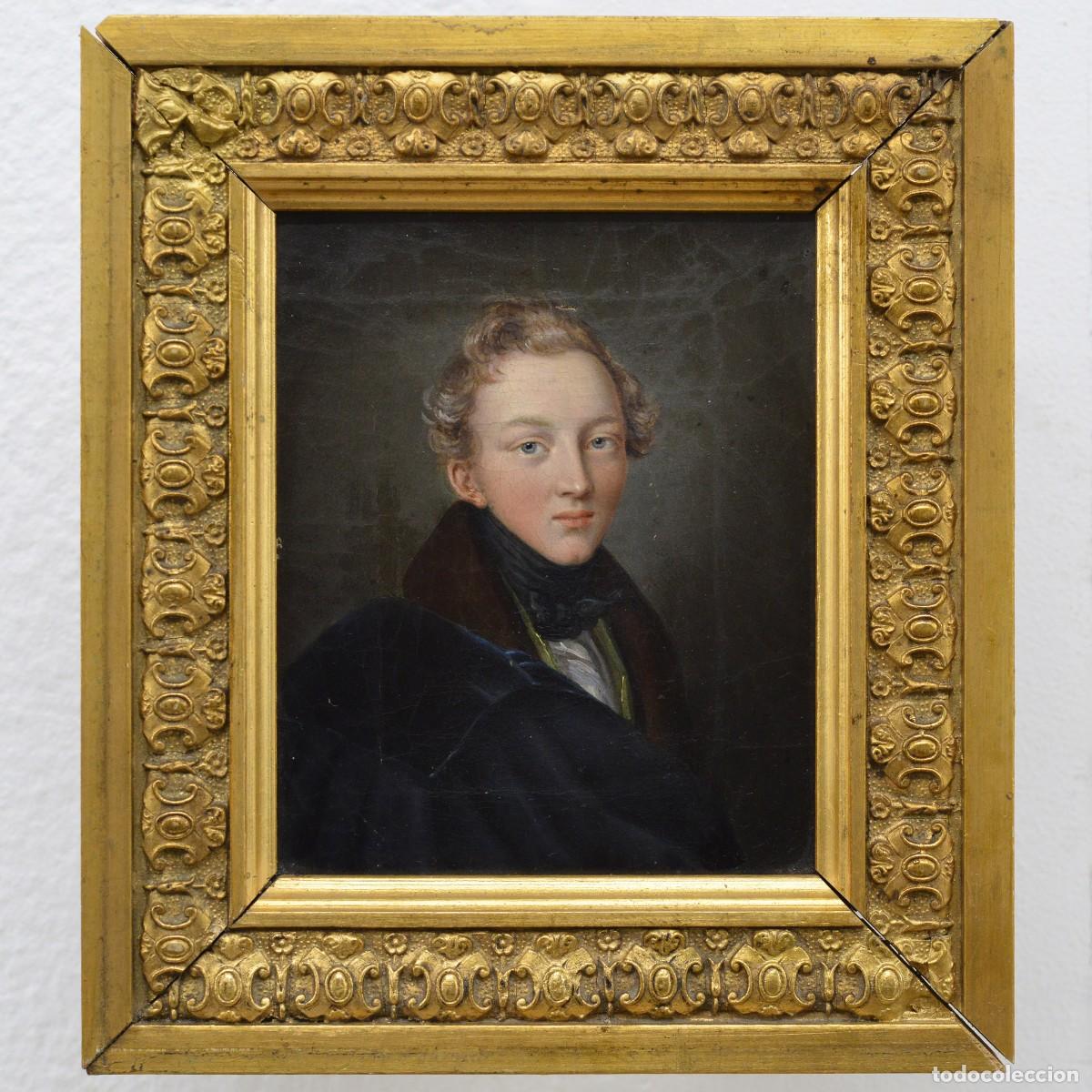 Arte: 19th Century European Miniature Portrait Young Gentleman Oil Canvas Frame