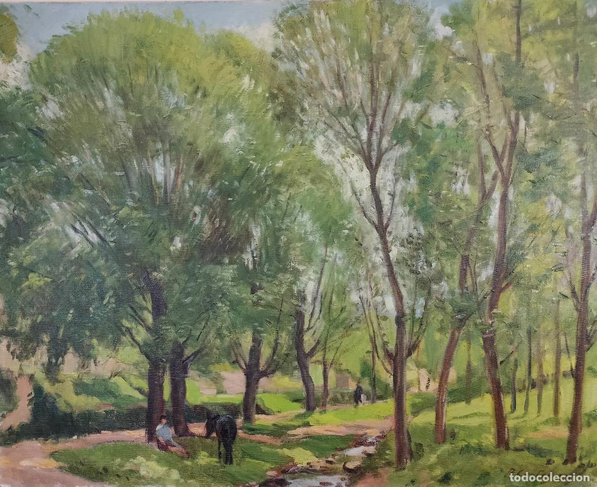 Arte: PAISAJE BOSCOSO CON RIACHUELO. FIRMADO R. CORT&Eacute;S. &Oacute;LEO SOBRE LIENZO. ESPA&Ntilde;A. 1953