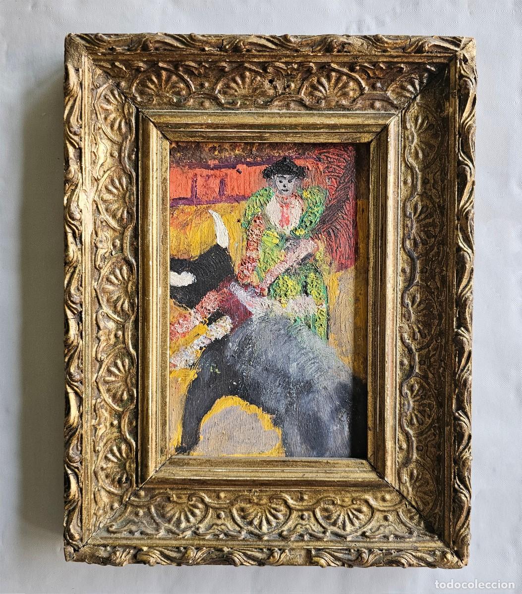 Arte: Escena taurina. Pintura antigua en oleo s/tablilla de corriente expresionista, primera mitad s.XX