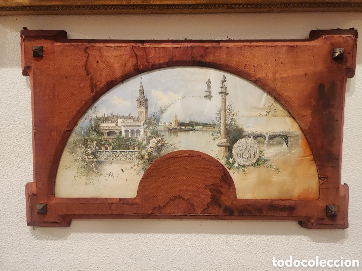Arte: Cuadro con pais de abanico pintado sobre seda escuela sevillana siglo XIX