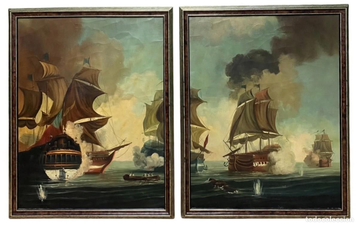 Arte: Antigua pareja de &oacute;leos sobre lienzo de una marina. Escena de guerra. XVIII. 94x75