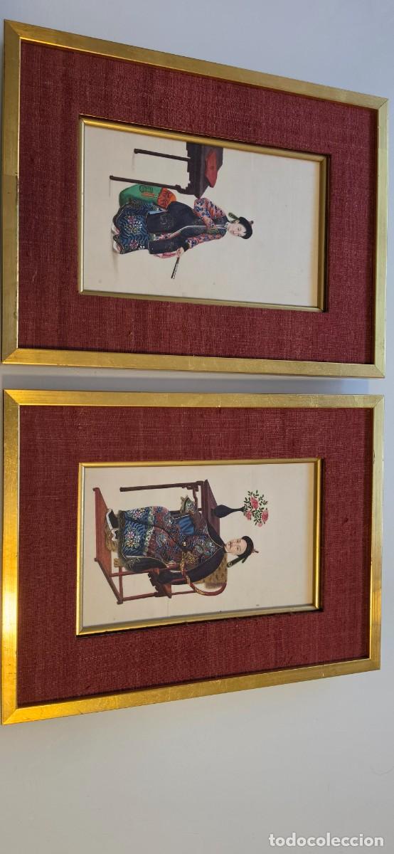 Arte: Espectacular pareja cuadros chinos sobre papel de arroz mucho detalle siglo XIX principios XX