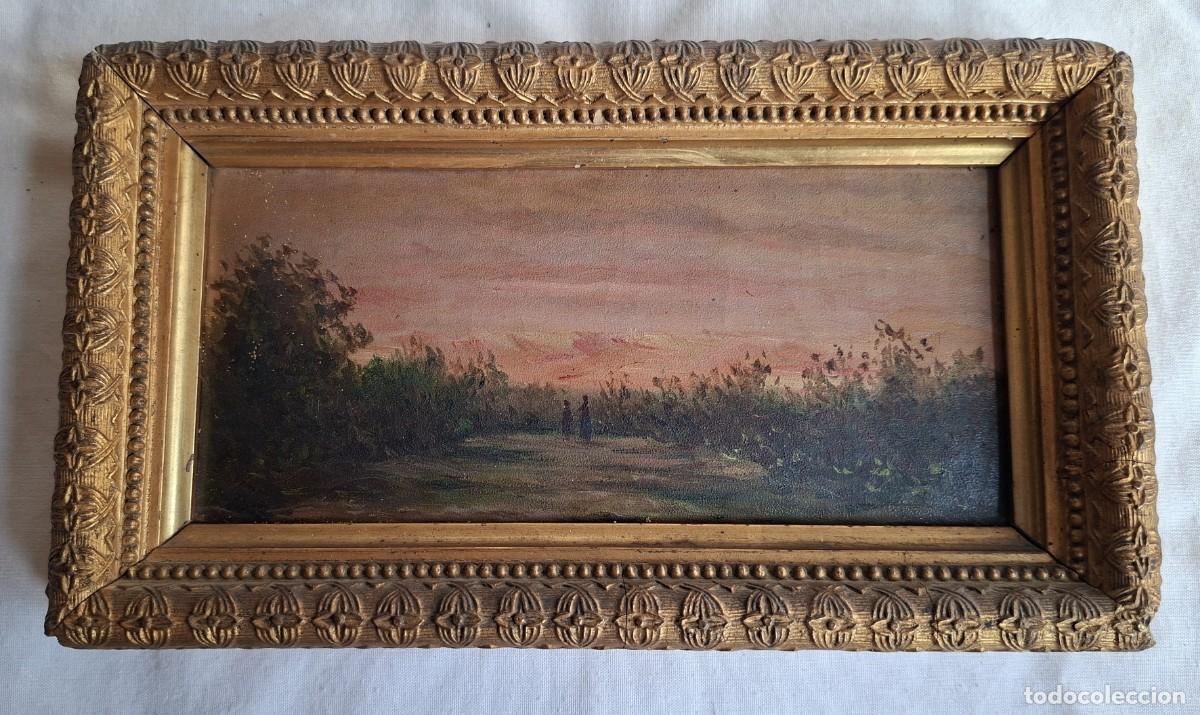 Arte: Paisaje con dos personajes al fondo oleo sobre tabla
