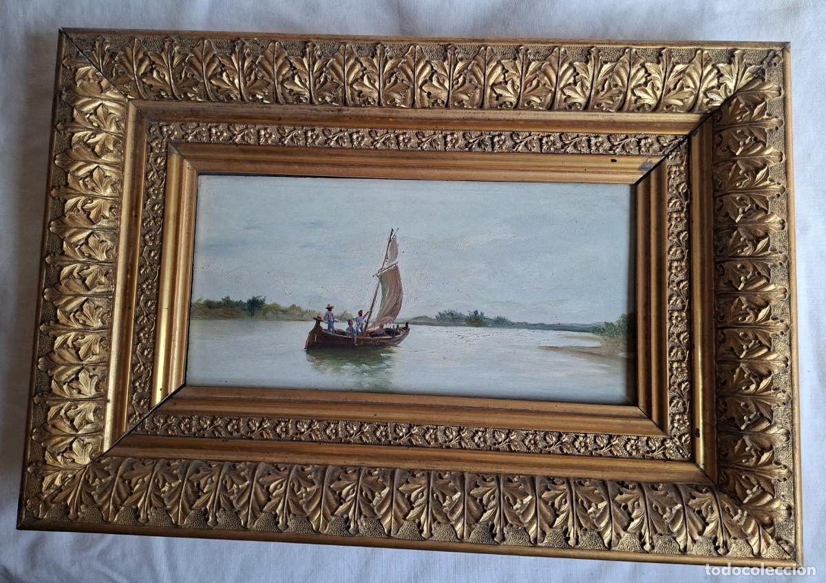 Arte: Velero navegando , con tres personas a bordo, oleo sobre tabla, Escuela valenciana
