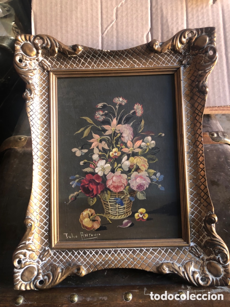 Arte: bodegon de flores firmado con bonito marco