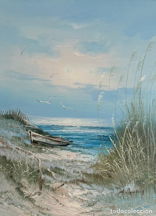 Arte: &Oacute;leo sobre Lienzo, Playa con Barca - Foto 2