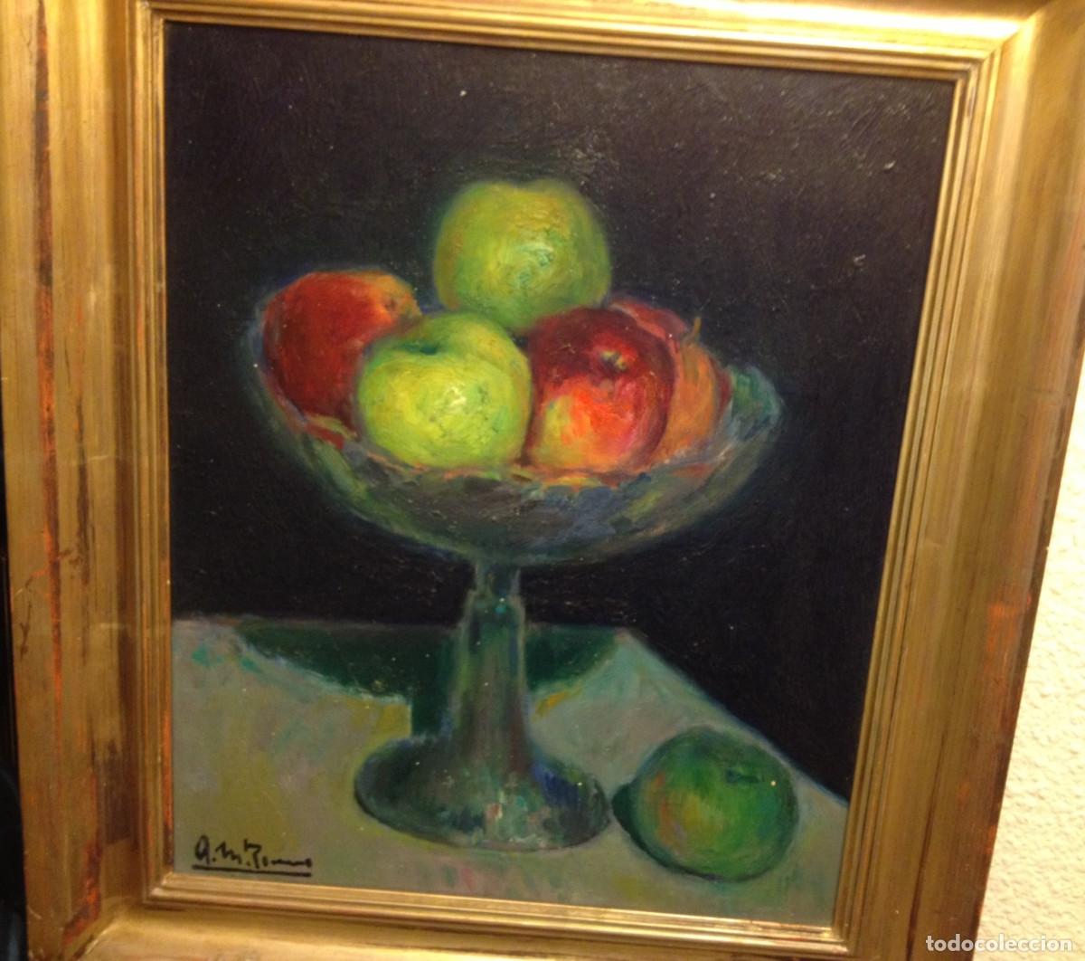 Arte: bodegon con frutero lleno de frutas