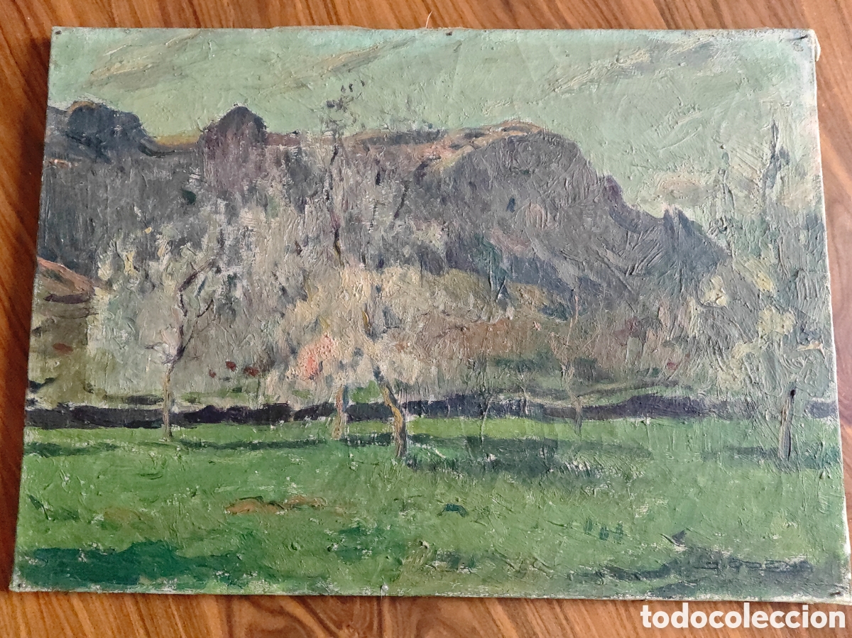 Kunst: Isidre &Oacute;dena (1910-2008) Oleo sobre lienzo. Amatllers florits a l' horta de S&oacute;ller. 46 x 33 ctms