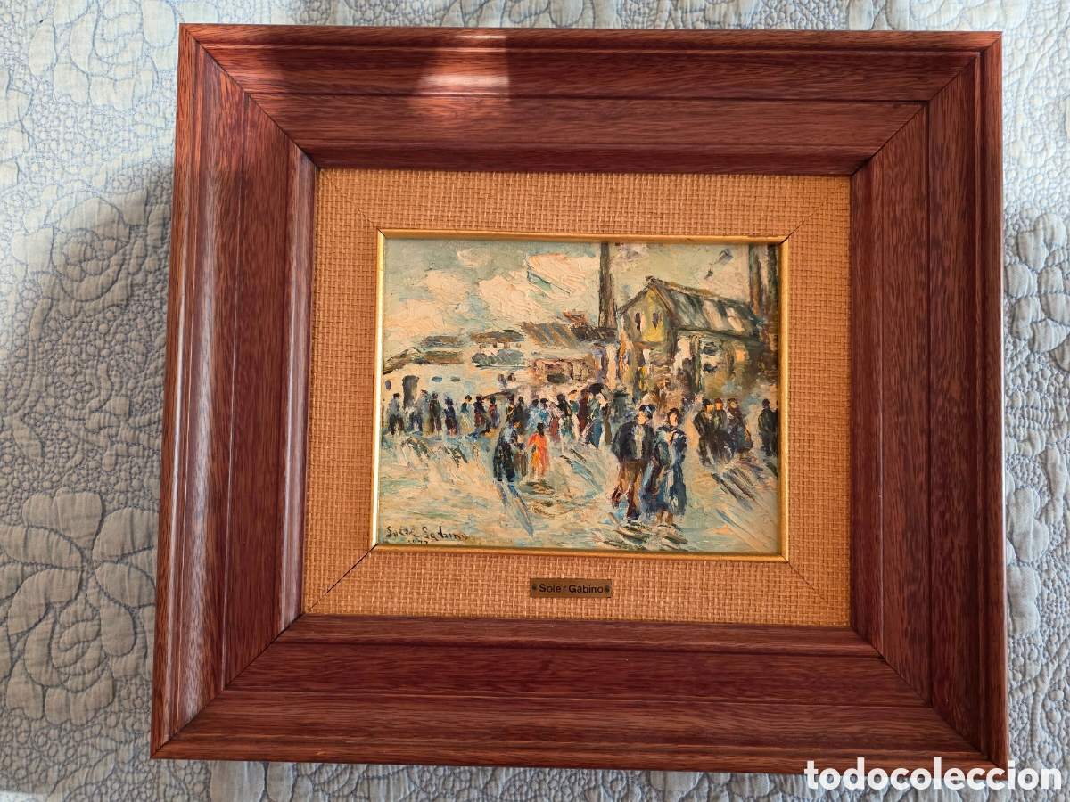 Arte: &bull; &Oacute;leo sobre lienzo - Amparo Soler Gabino - Escena de figuras y f&aacute;brica - Firmado - Enmarcado -44x39