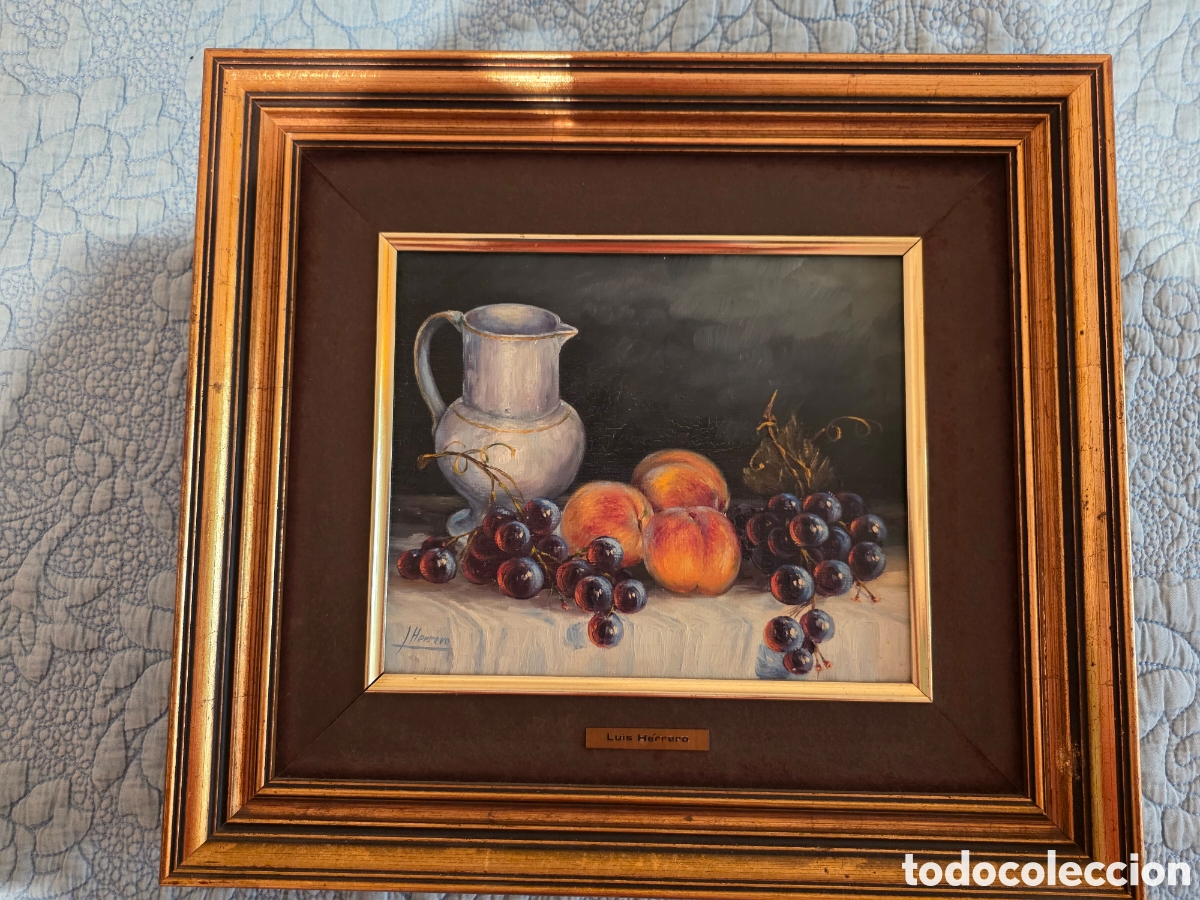 Arte: &Oacute;leo sobre lienzo - Jos&eacute; Luis Herrero - Bodeg&oacute;n con jarra, melocotones y uvas - Firmado y Enmarcado