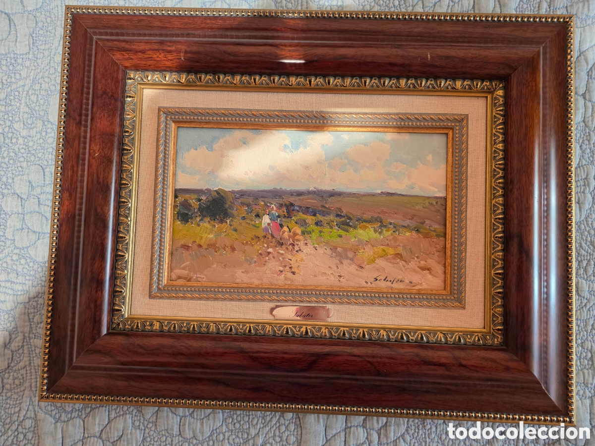 Arte: &Oacute;leo sobre lienzo - Daniel Sabater Salabert - Paisaje rural con figuras y ganado - Firmado y Enmarca
