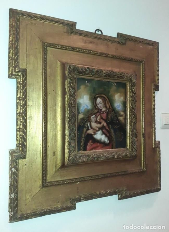 Arte: Virgen de la leche siglo XVII Escuela Cuzque&ntilde;a antigua pintura religiosa colonial gran marco pan oro