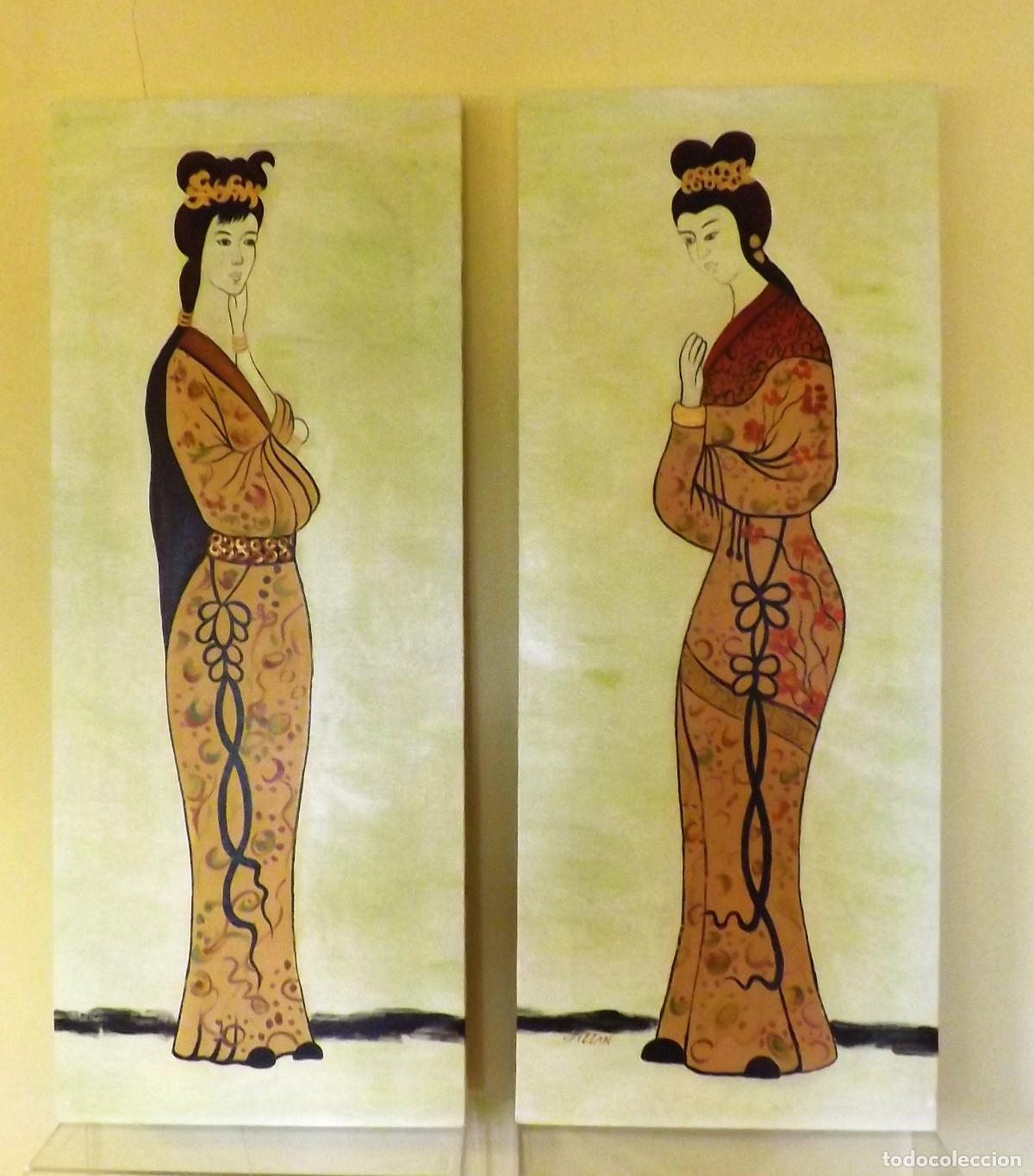 Arte: Pareja de Oleos sobre lienzo pintura decorativa Estilo Fang o Yin (Canvas)