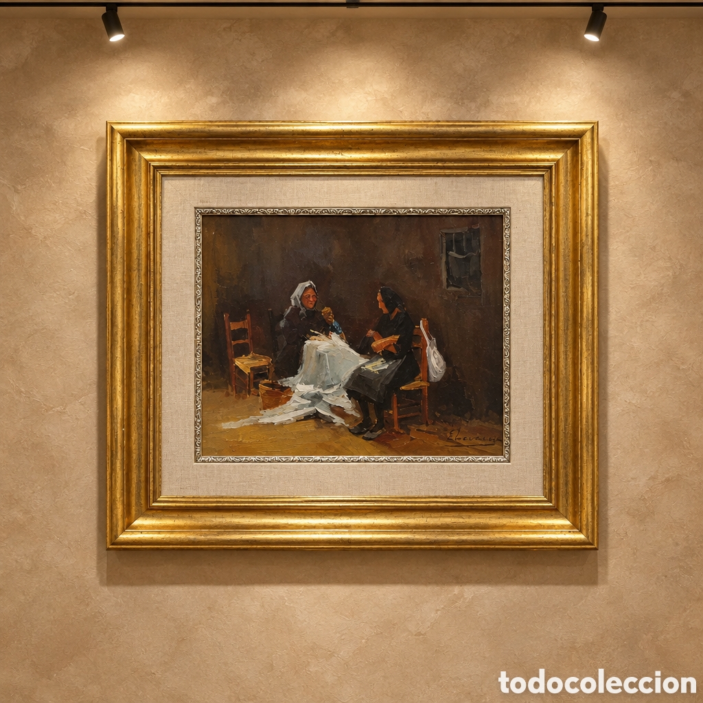 Arte: OLEO SOBRE LIENZO . LECCION DE COSTURA . FIRMADO ECHEVARRIA . OBRA 41&times;34 CM . MARCO 63&times;55 CM