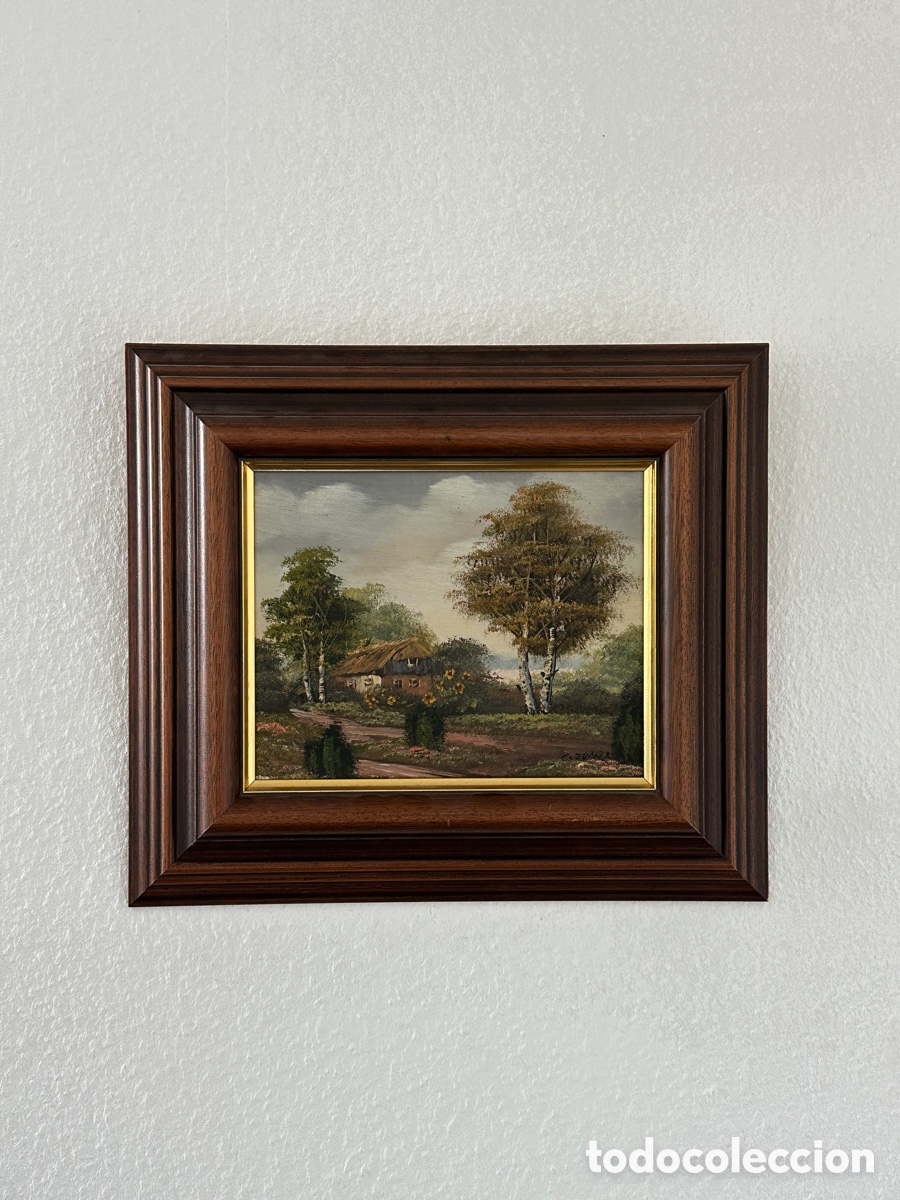 Arte: &Oacute;leo sobre lienzo firmado C. Jensen, paisaje con casa y marco