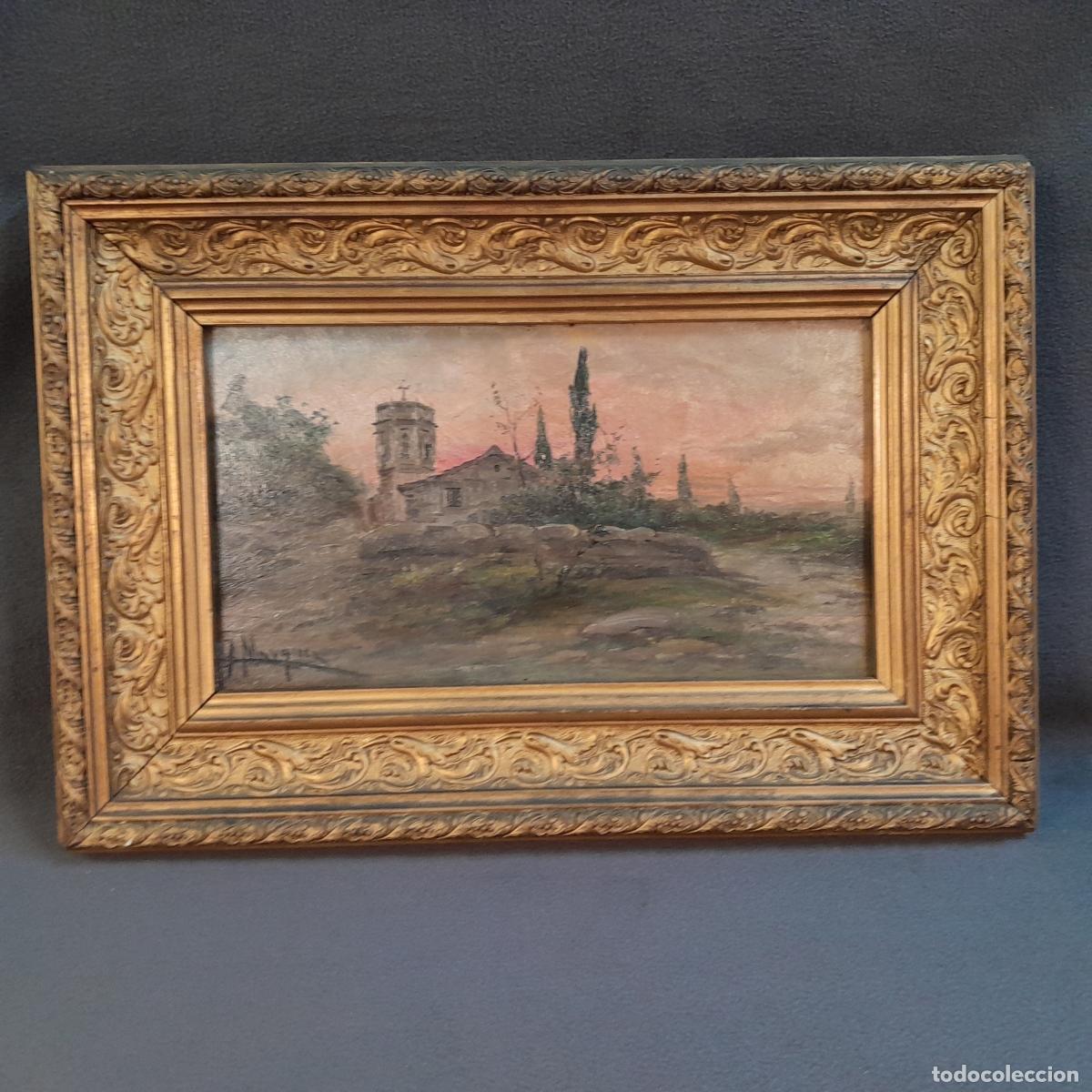 Arte: D-353. ERMITA AL ATARDECER. &Oacute;LEO SOBRE TABLA POR J. M&Aacute;RQUEZ. SIGLO XIX