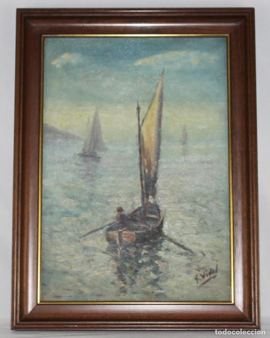 Arte: &Oacute;leo sobre lienzo firmado F. Vidal. Marina con velero y pescador. Pintura impresionista