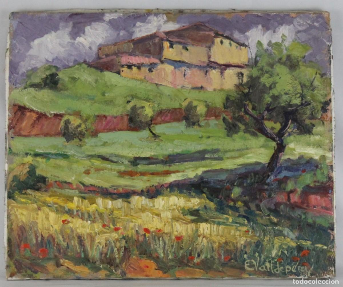 Arte: &Oacute;leo sobre lienzo firmado E. Valldeperas. Paisaje rural con mas&iacute;a y campo de trigo