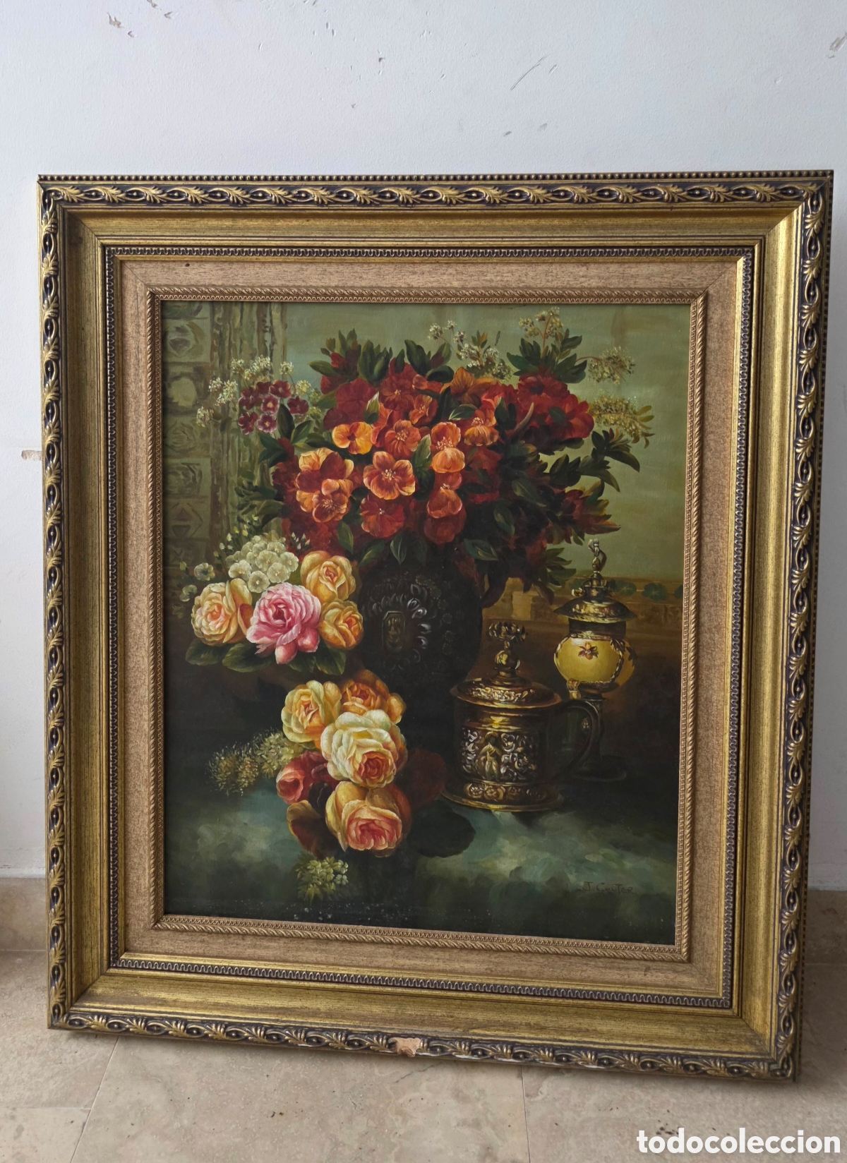Arte: &Oacute;leo sobre lienzo original - Bodeg&oacute;n Floral de J. Culter (74x85 cm) con Marco Dorado
