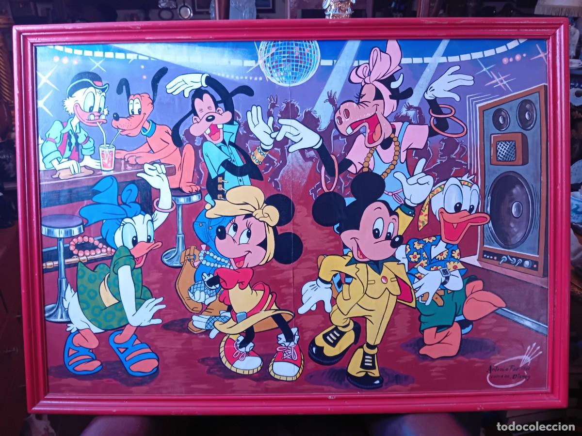 Arte: Personajes Disney en la discoteca &oacute;leo o acr&iacute;lico sobre lamina firmado, Antonio Feo 1990