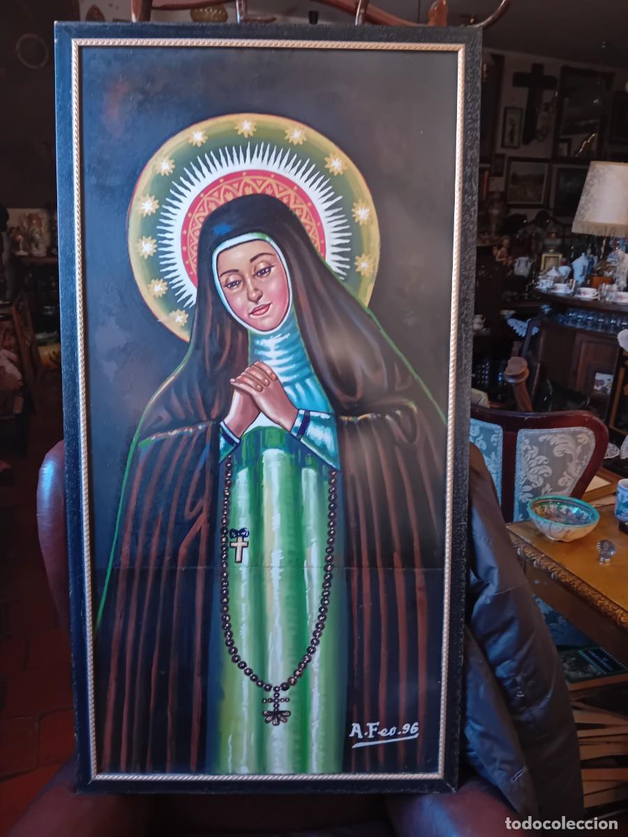 Arte: Virgen de la Soledad de la Paloma patrona de Madrid &oacute;leo o acr&iacute;lico sobre madera firmado A.Feo.96