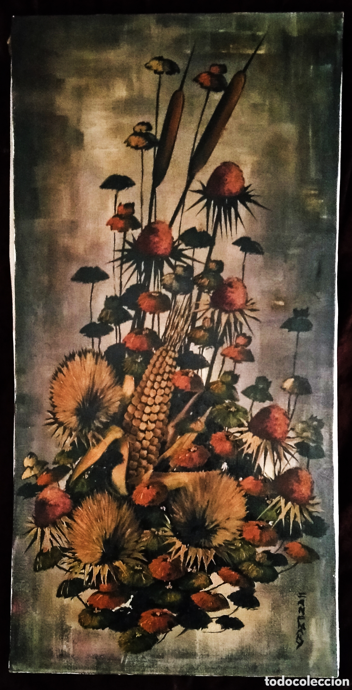 Arte: &Oacute;LEO s. LIENZO / (BODEG&Oacute;N). *FLORES SECAS: CARDOS, MAIZ...*. FDO.: FANFMANY. A&ntilde;os 70/80 (S. XX)
