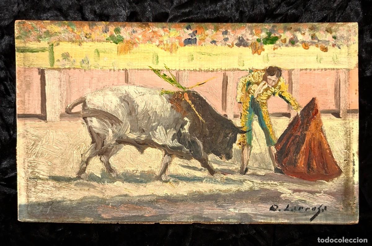 Kunst: Dominando al bicho Oleo sobre tabla con escena taurina de R. Larrosa