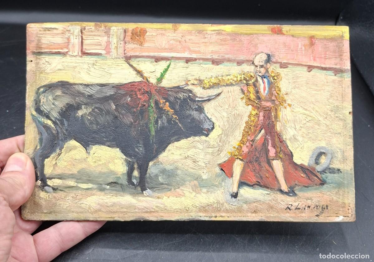 Arte: El Gallo Oleo sobre tabla con escena taurina firmado R Larrosa