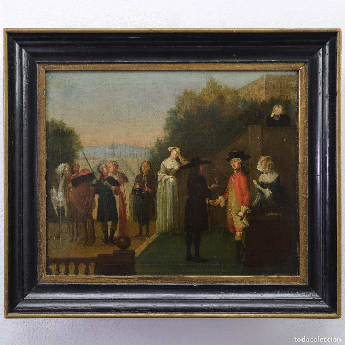 Arte: 18th Century European Farewell Genre Scene Palace Garden Oil Canvas Framed