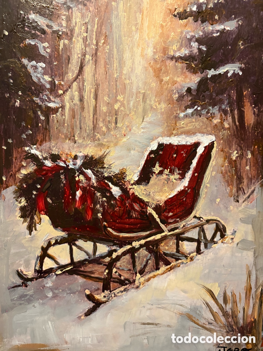 Arte: Cuadro realizado a mano de Trineo navide&ntilde;o