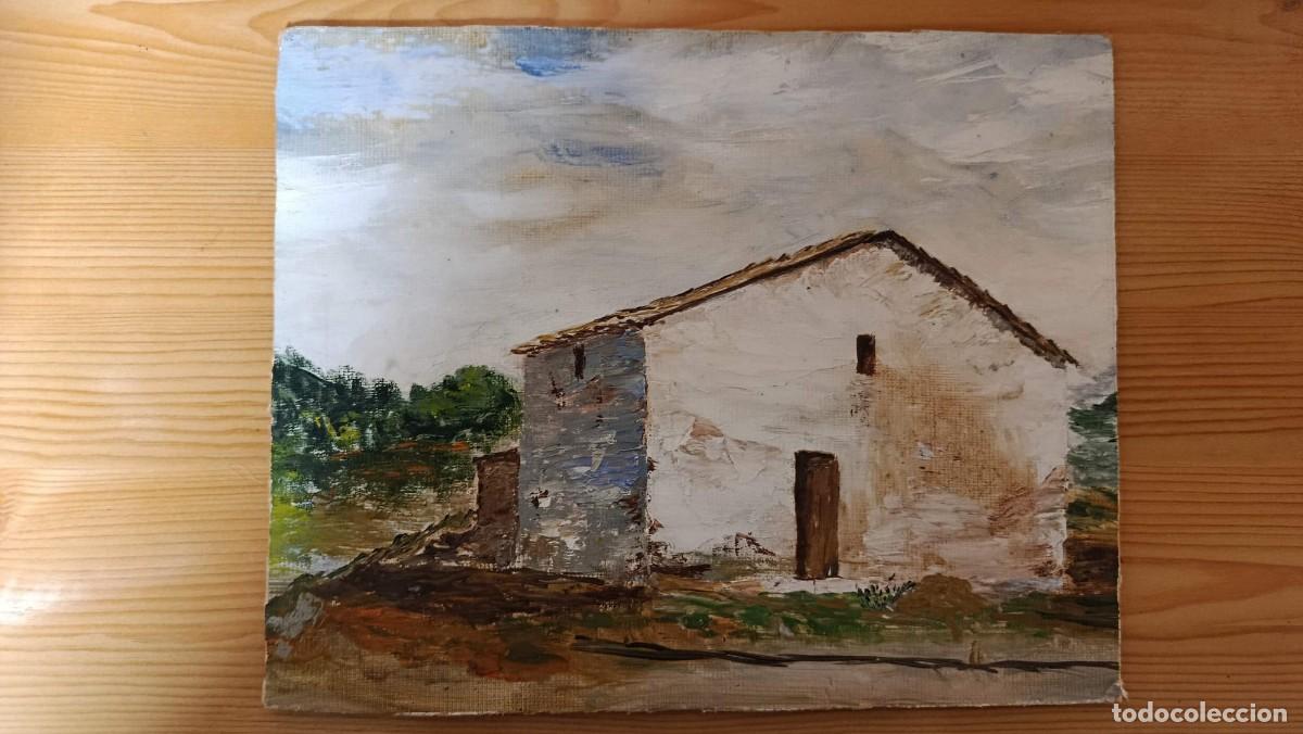Arte: &Oacute;leo sobre tabla casa rural paisaje 38,5 x 23 cm
