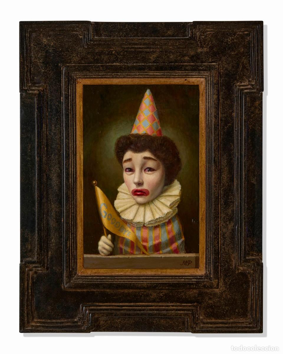 Arte: Marion Peck &ndash; Goodbye Clown (2025), &oacute;leo sobre tabla, Pop Surrealismo