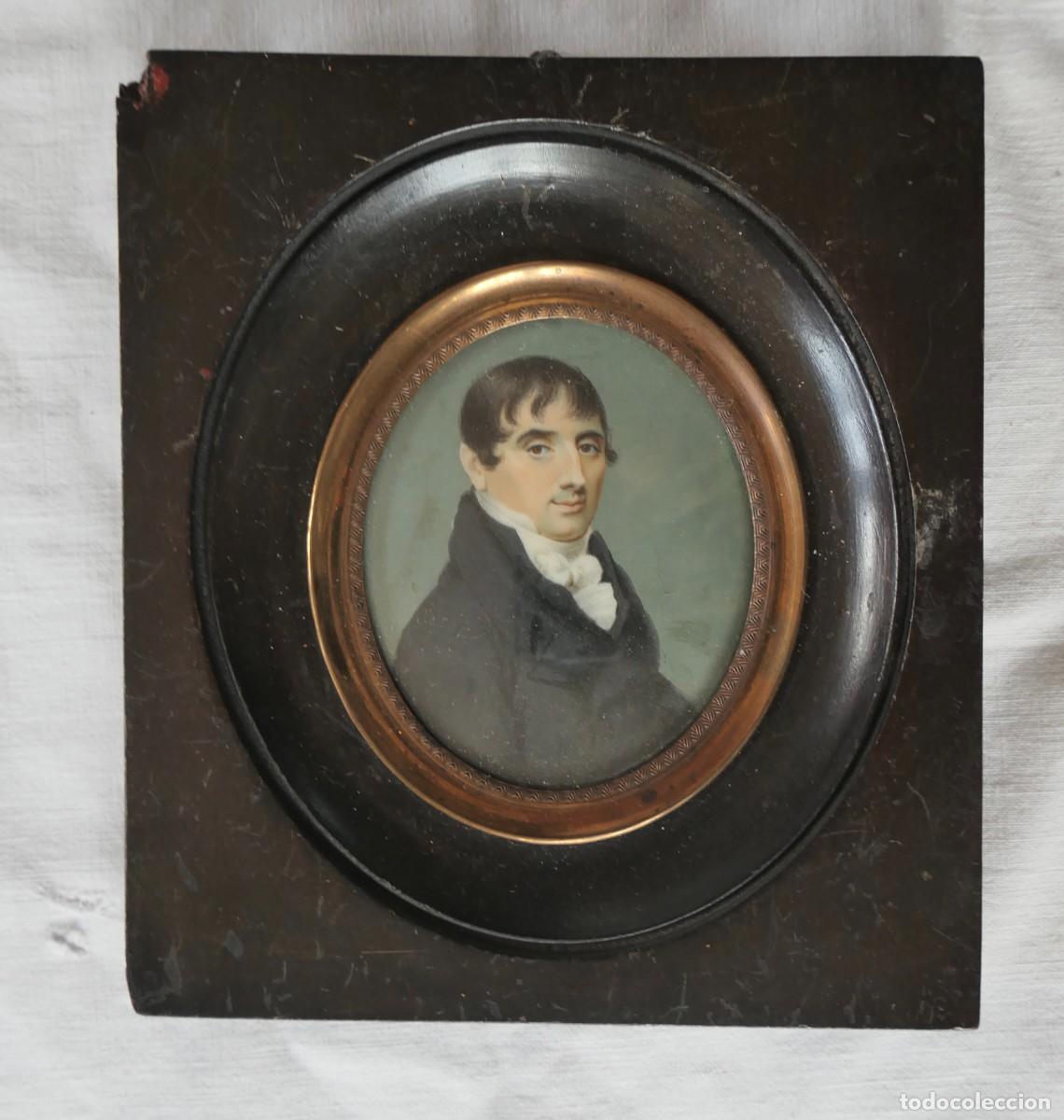 Arte: Antiguo retrato en miniatura pintado a mano de caballero &eacute;poca regencia imperio siglo XIX marco ebon