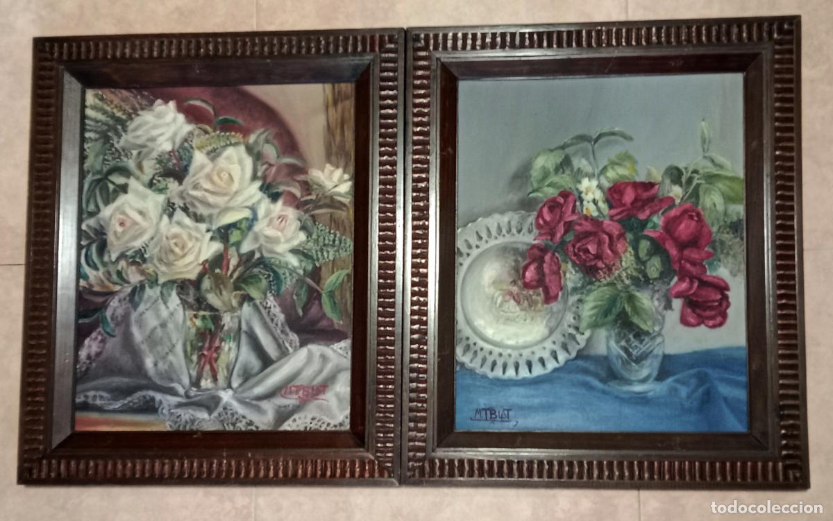 Arte: 2 &Oacute;leos firmada Miren Itziar Blat (Navarra 1927 - 2013), Flores 40x33 cm