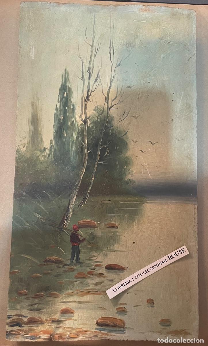 Arte: ANTIGUA PINTURA SOBRE TABLA S.XIX PINTADA AL OLEO S.XIX - PAISAJE , PERSONAJE - 32X17,5 CM.