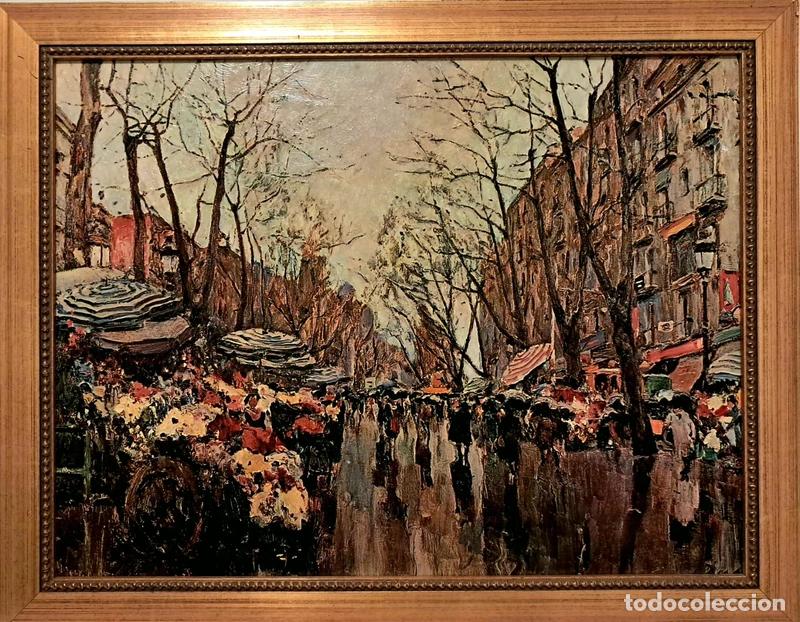 Arte: Cuadro &oacute;leo sobre lienzo / tabla - Escena urbana de Barcelona (Las Ramblas / Puestos de flores) - 50