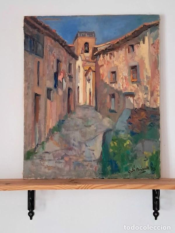 Arte: &Oacute;leo sobre lienzo - Paisaje urbano / Calle de pueblo con campanario - Gab&iacute; Boixader (1975) - 65 x 54