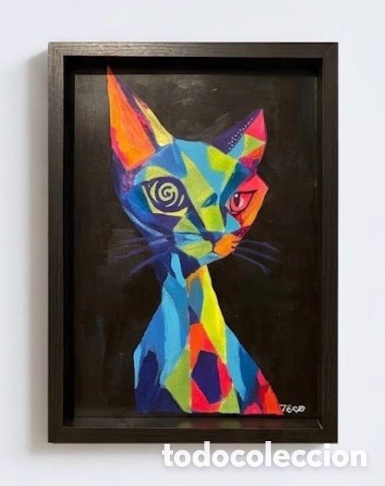 Arte: Cuadro de gato original pintado en acr&iacute;lico, estilo Picasso