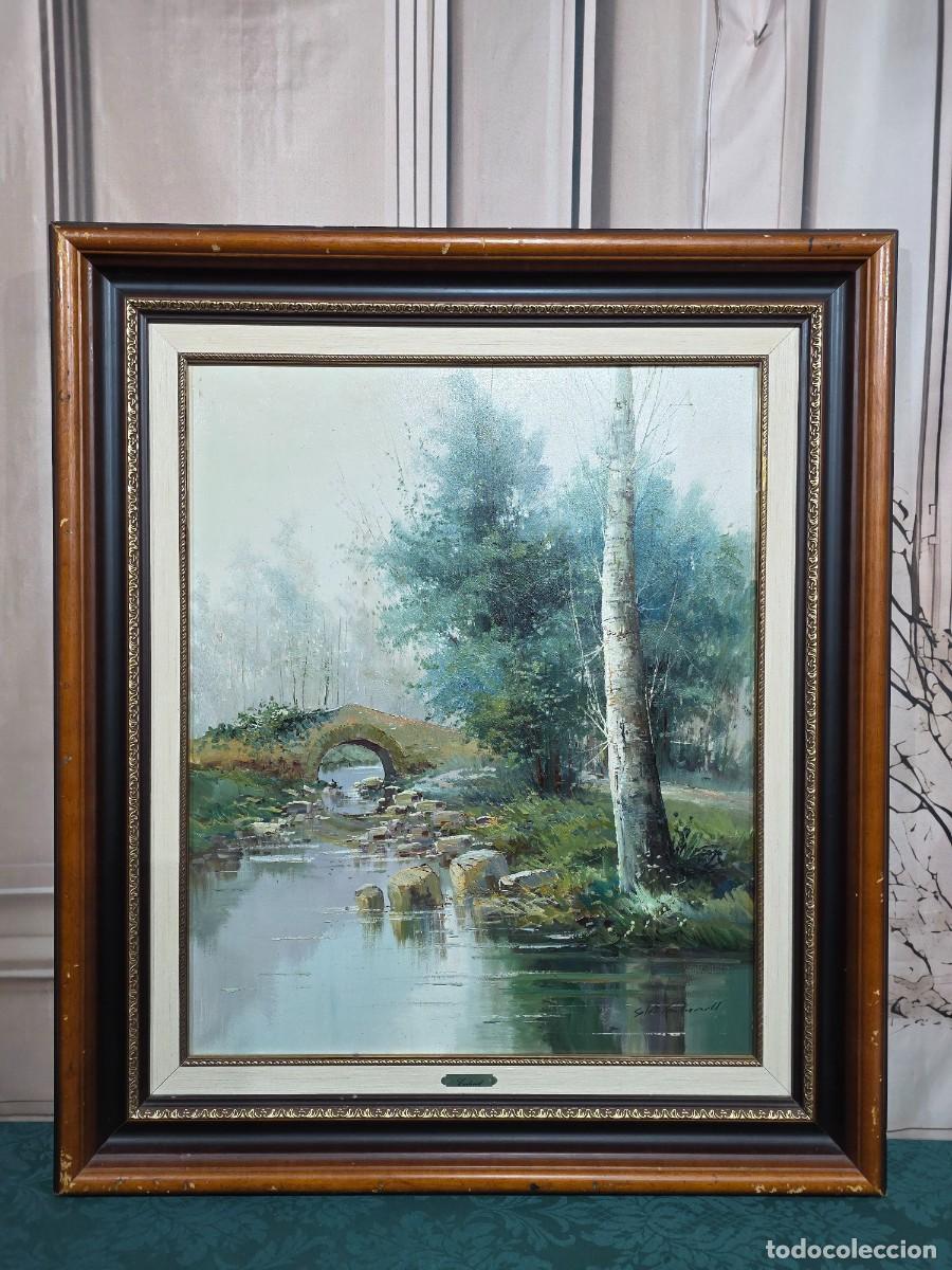 Arte: &Oacute;leo sobre lienzo - Paisaje fluvial con puente de piedra y arboleda - Firmado Salvador Bonell