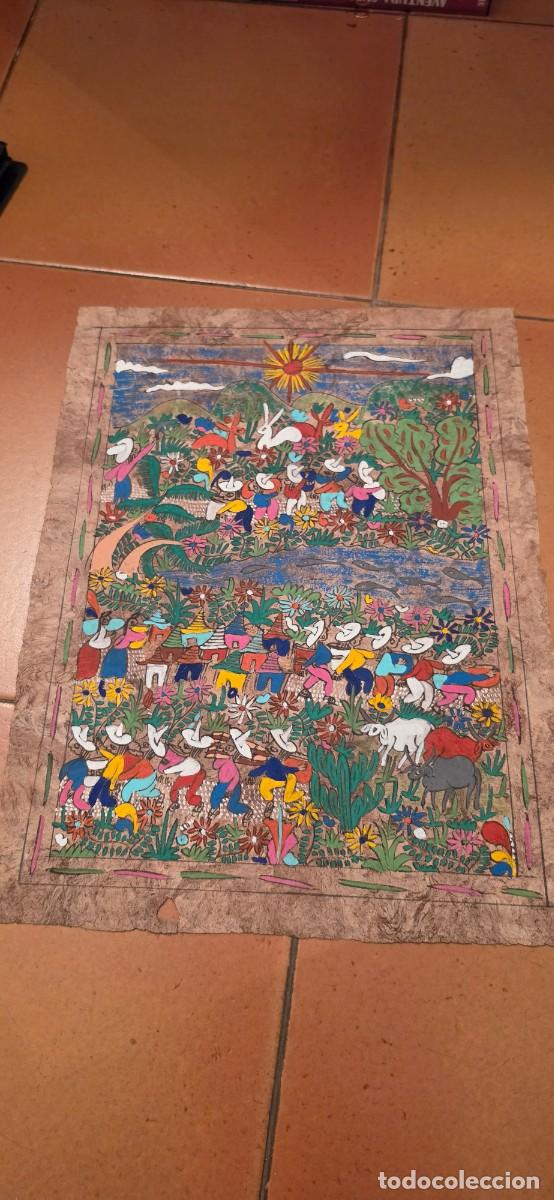 Arte: Preciosa pintura rural mexicana antigua sobre papel amate