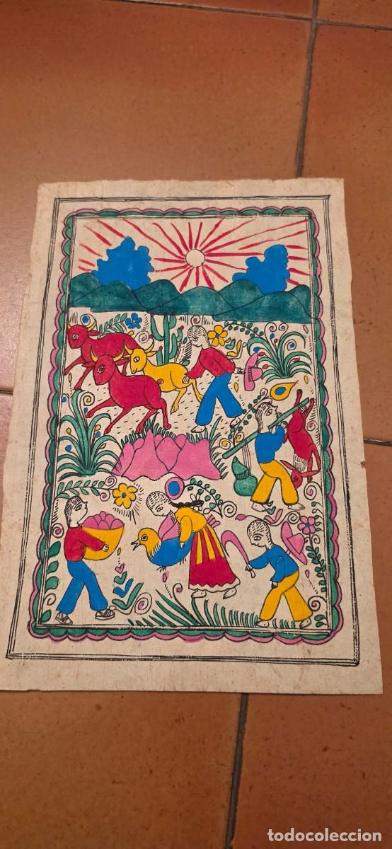 Arte: Preciosa pintura rural mexicana antigua sobre papel amate