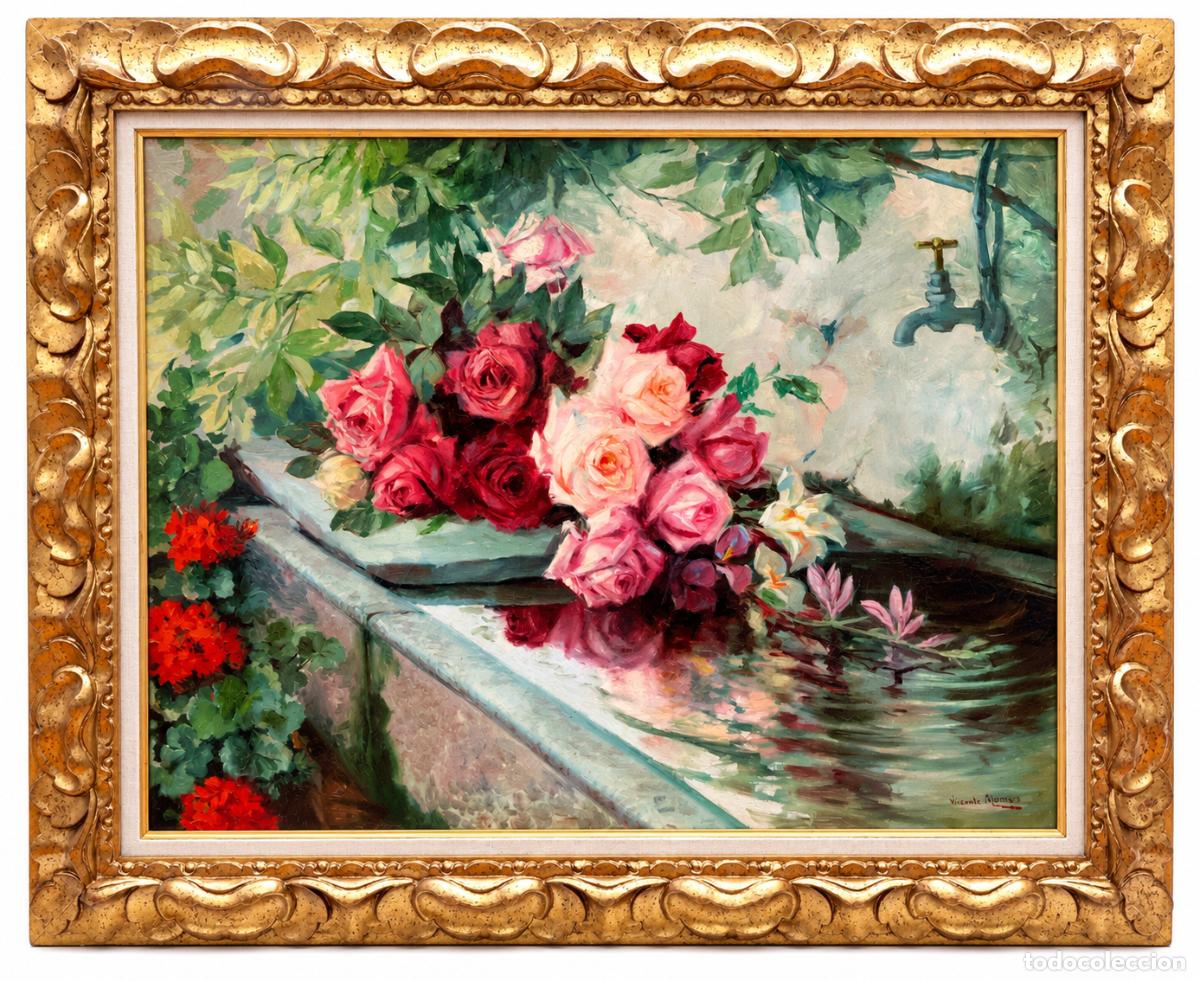 Arte: VICENTE ROMERO (Valencia, princ. Sg. XX) GRAN OLEO SOBRE TELA. REFLEJOS FLORALES JUNTO A LA FUENTE