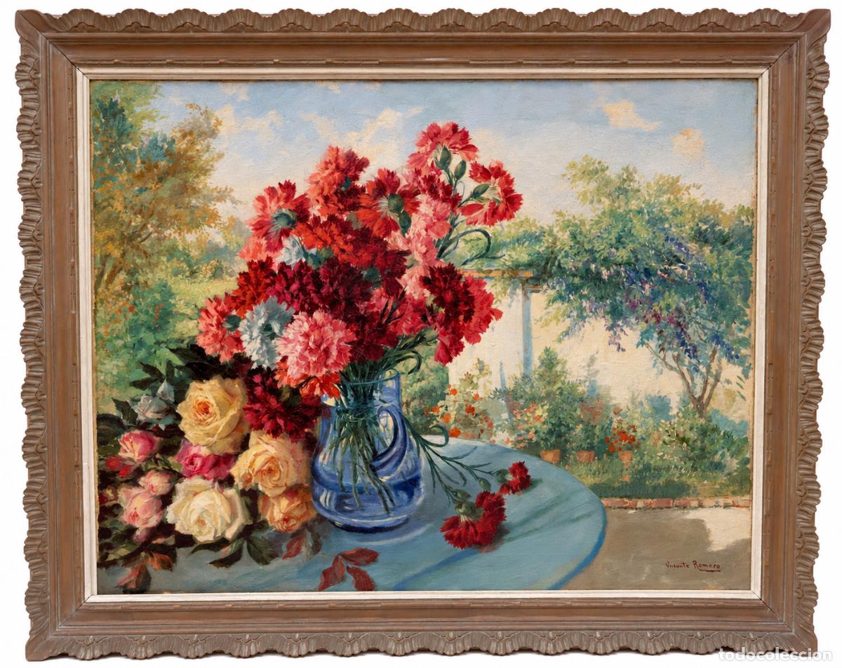 Arte: VICENTE ROMERO (Valencia, princ. Sg. XX) GRAN OLEO SOBRE TELA. SINFONIA FLORAL EN EL JARDIN