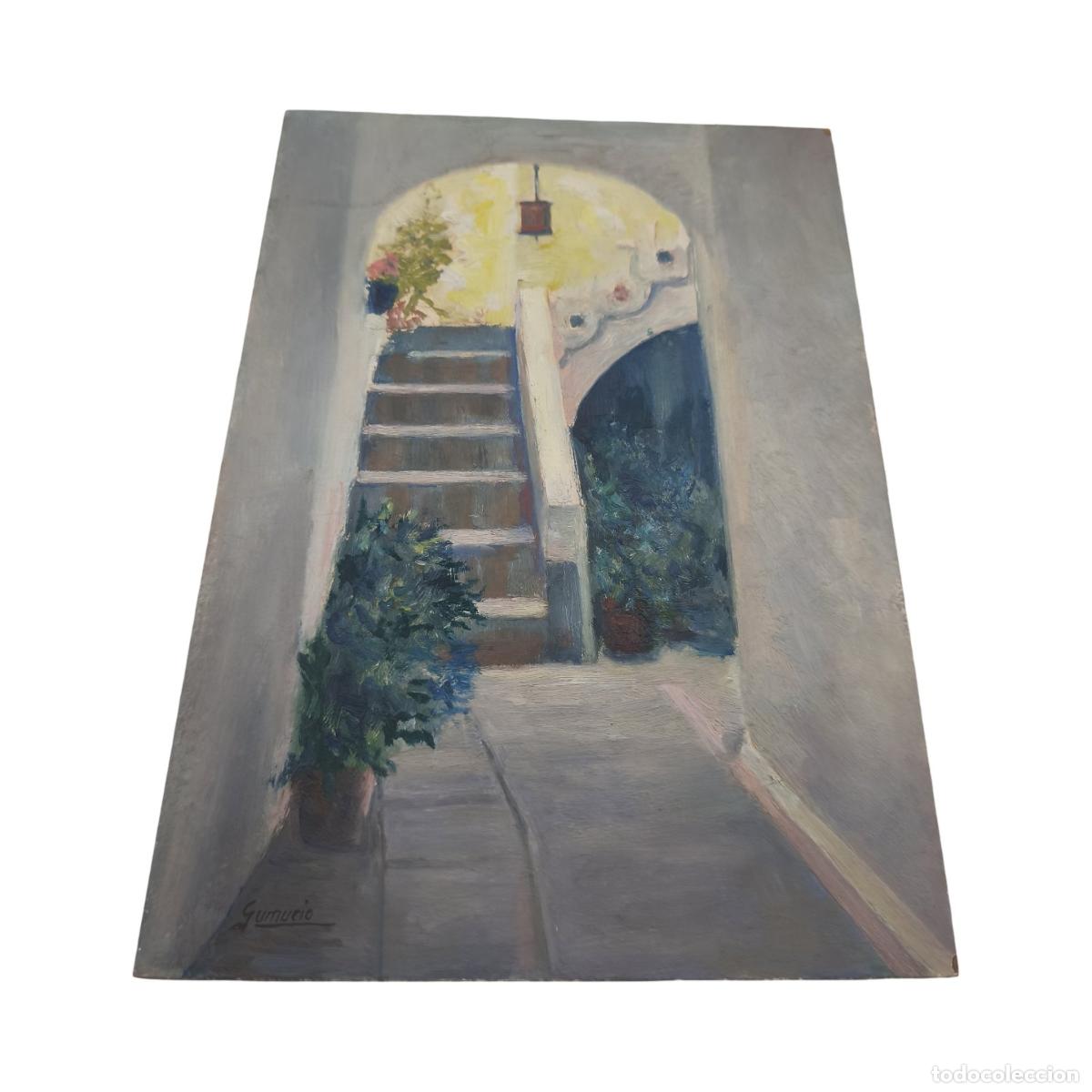 Arte: ATRIBUIDO A GUMUCIO - &Oacute;LEO SOBRE TABLEX / TALA - RINC&Oacute;N DE PATIO MEDITERR&Aacute;NEO CON ESCALINATA Y MACET